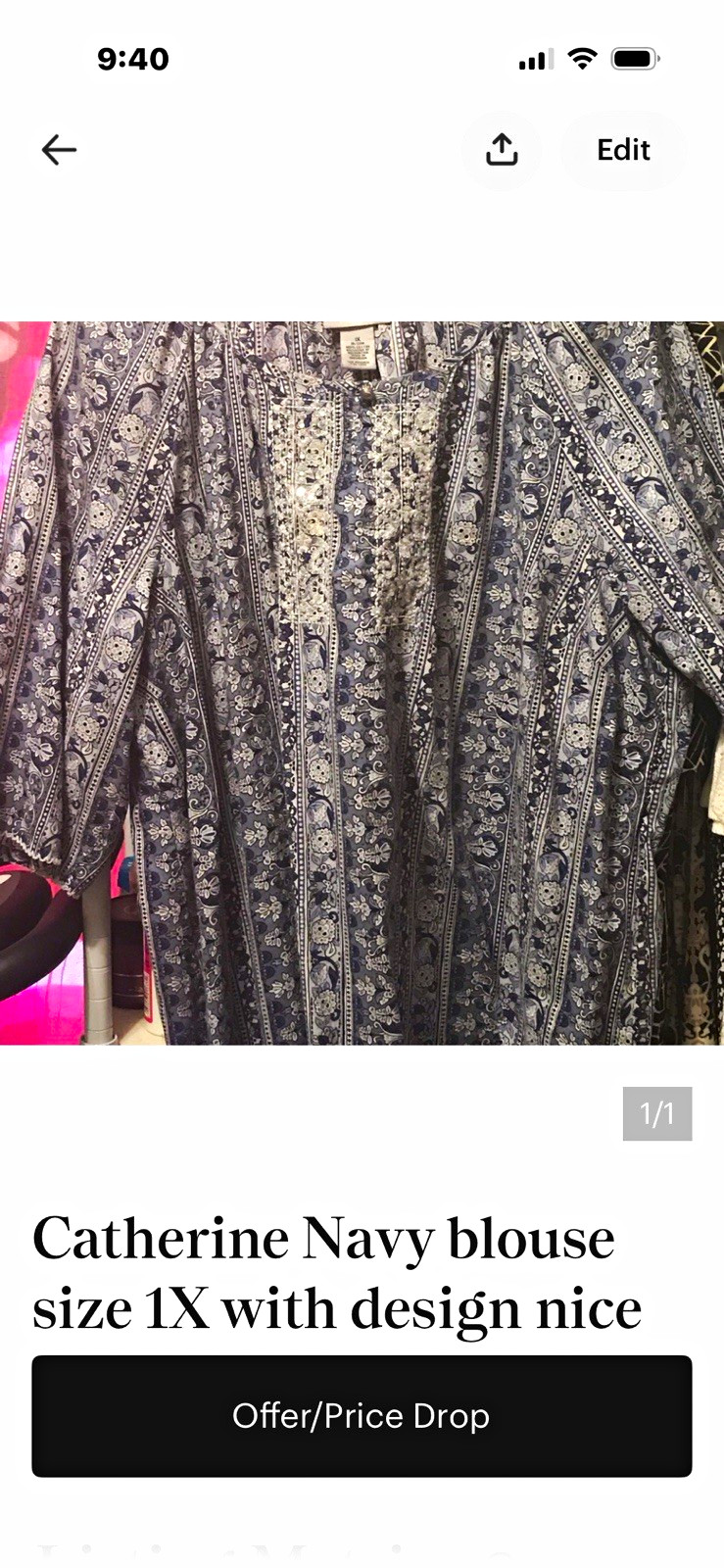 Catherine Navy Floral Long Sleeve Blouse Womens Plus Size 1X