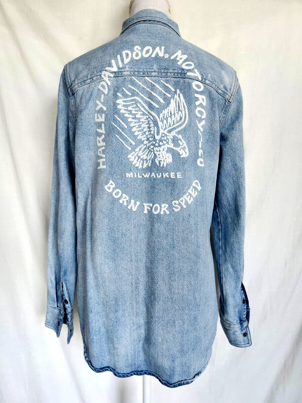 Harley Davidson Women’s- Born For Speed- Roll Tab Sleeve Denim Shirt Size M Ligh