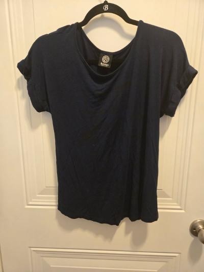 Women’s Bobeau Short Sleeve Top – Size L – Navy Blue with Print