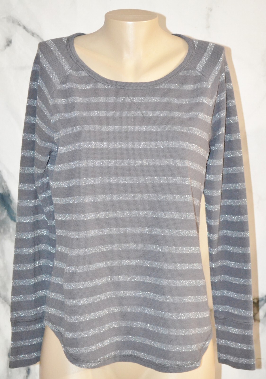 SONOMA Charcoal Silver Glitter Stripe Thermal Knit Top Large Long Sleeves