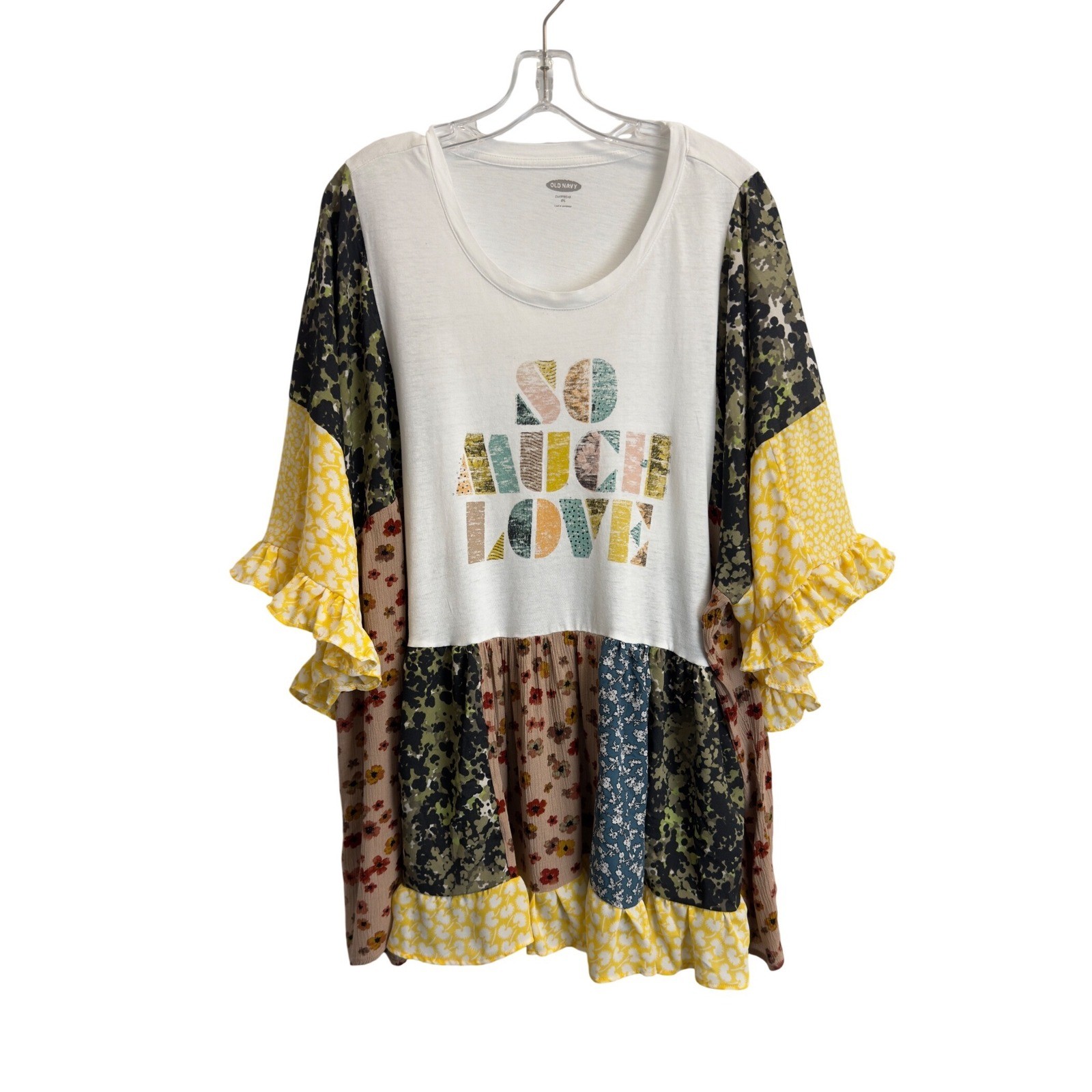 Women’s L-3X Patchwork Top Floral Camo Graphic Bohemian Flowy Boho