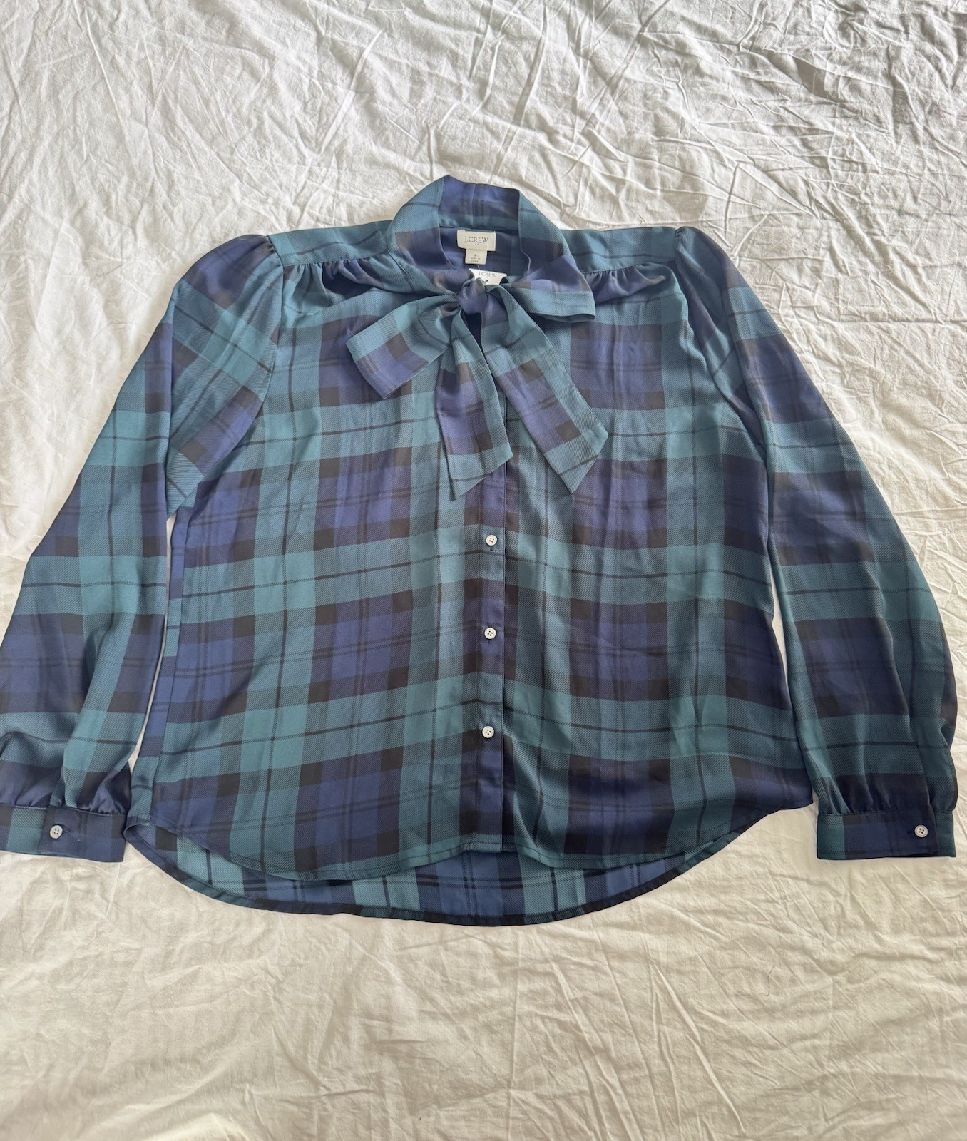 NEW J.Crew Factory Long-Sleeve Bow Top in Plaid Green Multi Size Large AT880