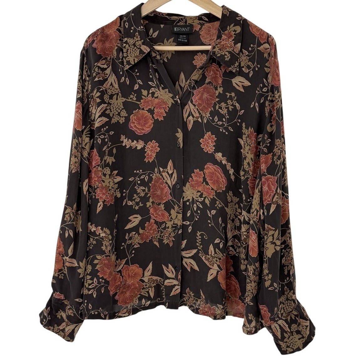 Lane Bryant Plus Size Brown 100% Silk Floral Button Up Blouse 26/28 See Pics