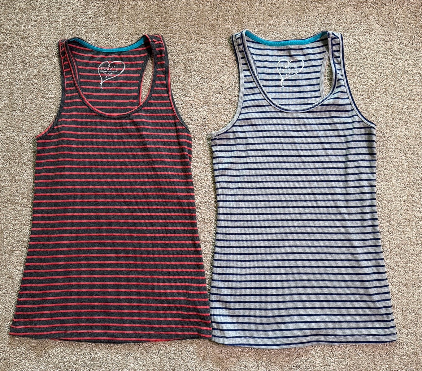 Lot of 2 RUE 21 Tank Tops Women Size XL stripes Blue Gray Orange Ribbed Razor