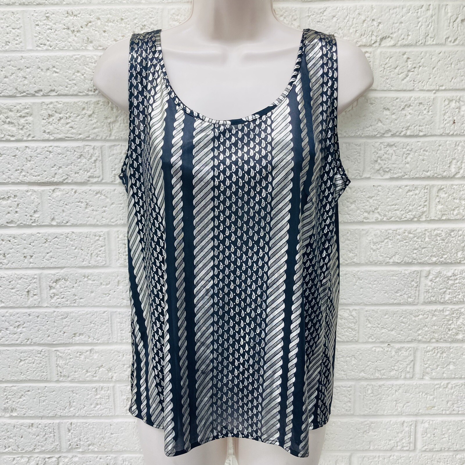 VTG‼ ORARE S Silver & Black Shiny Metallic Sheer Tank Top Blouse USA Made • VG‼