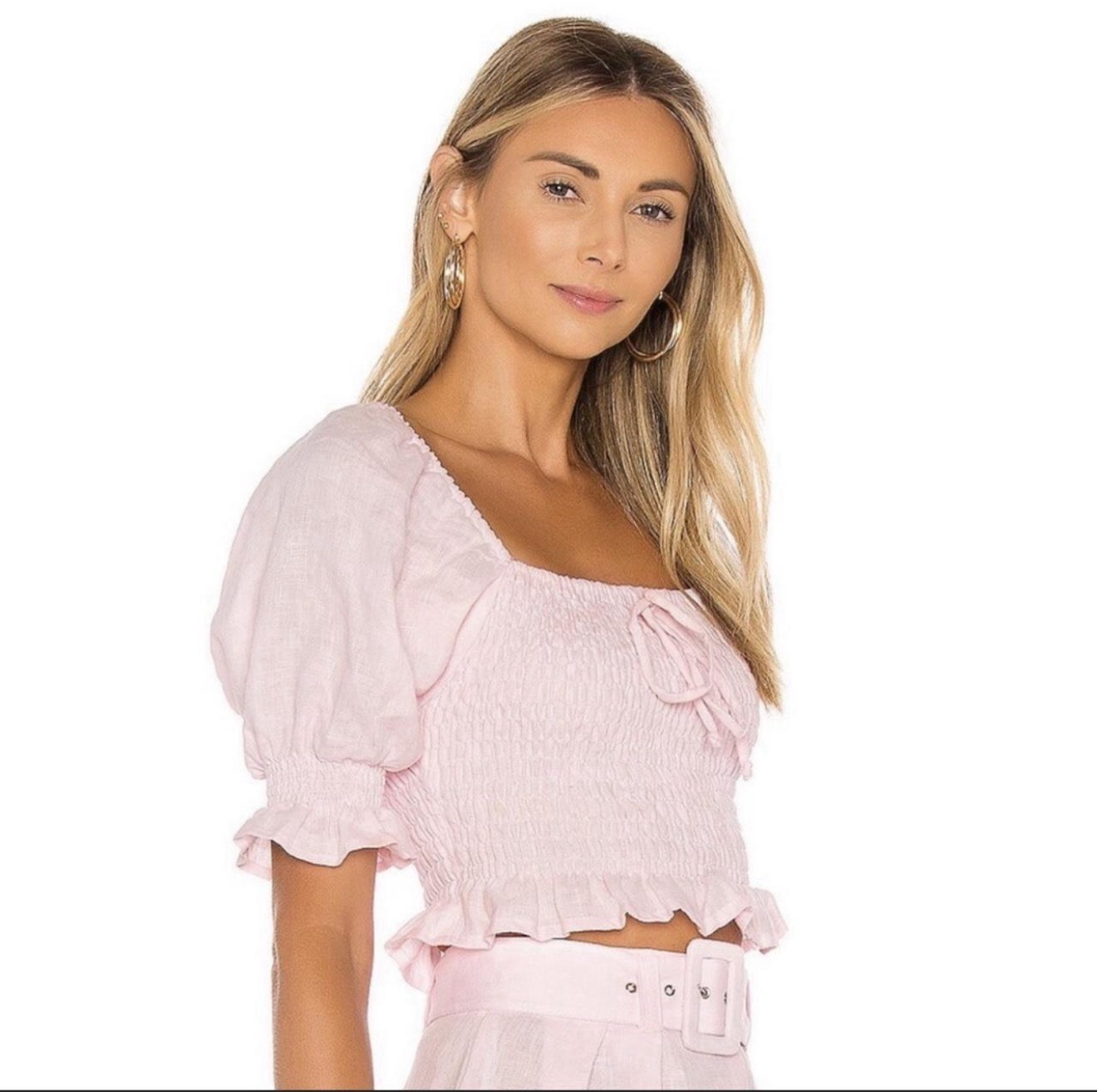 Pink top with puffer sleeves and bow, “Lenora Top” Faithfull The Brand, Small