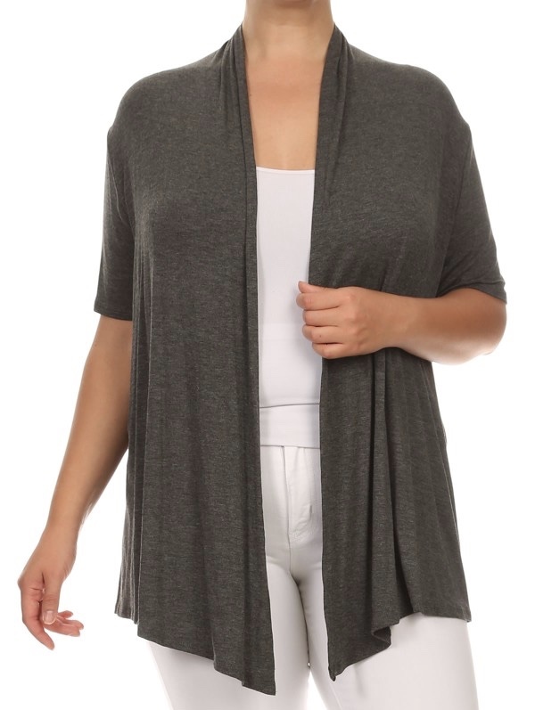 Moa USA Cascading Open Front Draped Stretch SS Cardigan Grey Plus 1XL 2XL 3XL