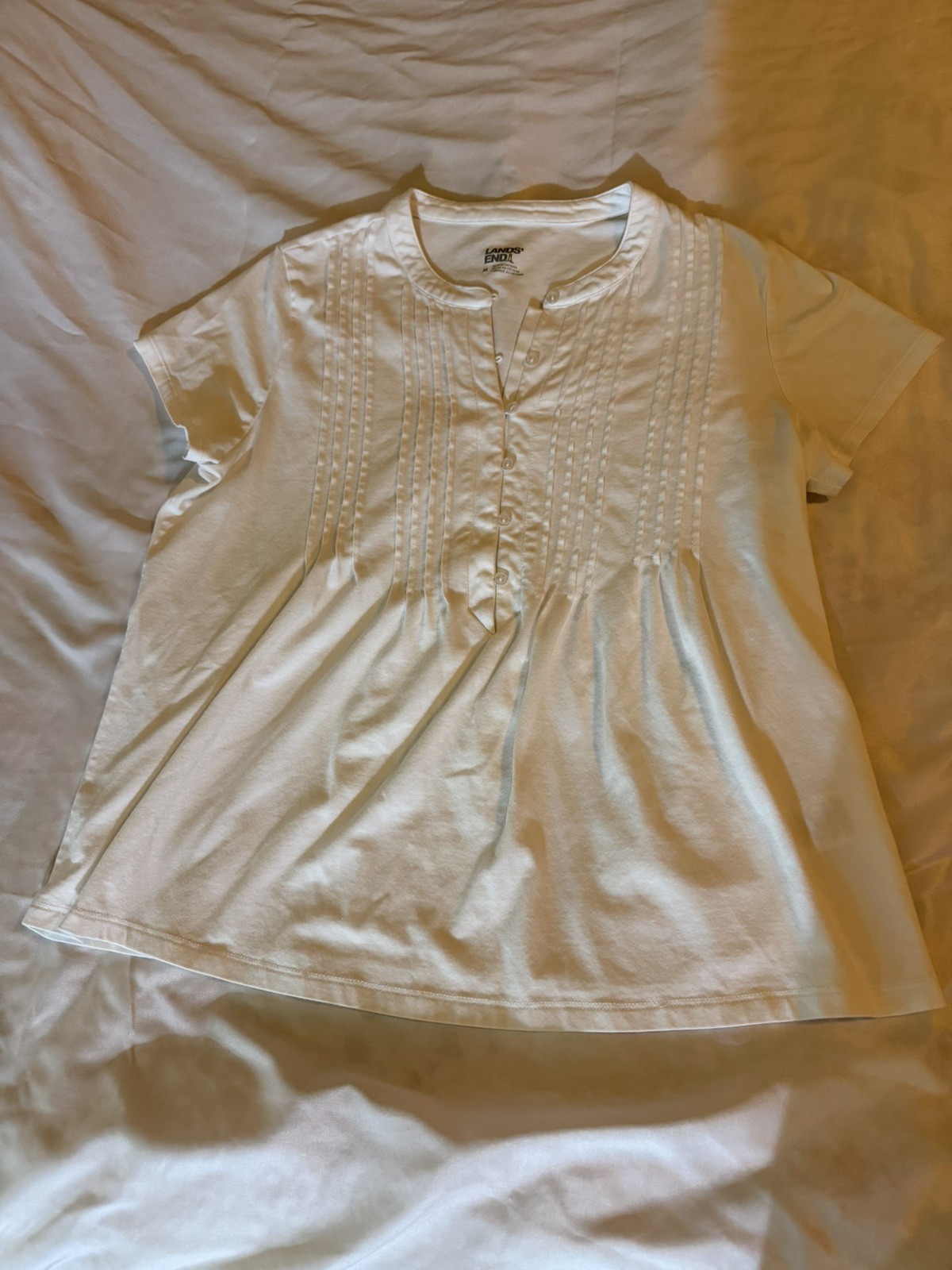Lands End Lightweight Jersey Button Pintuck Top Size M White Spandex Cleangirl