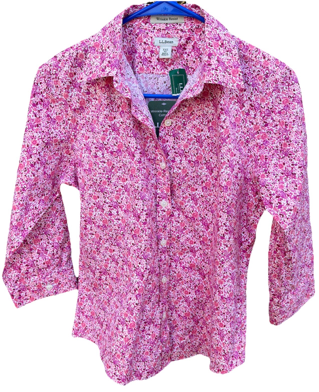 LL Bean Women’s XXS 3/4 Sleeve Wrinkle Resist Button Up Pink Floral Shirt