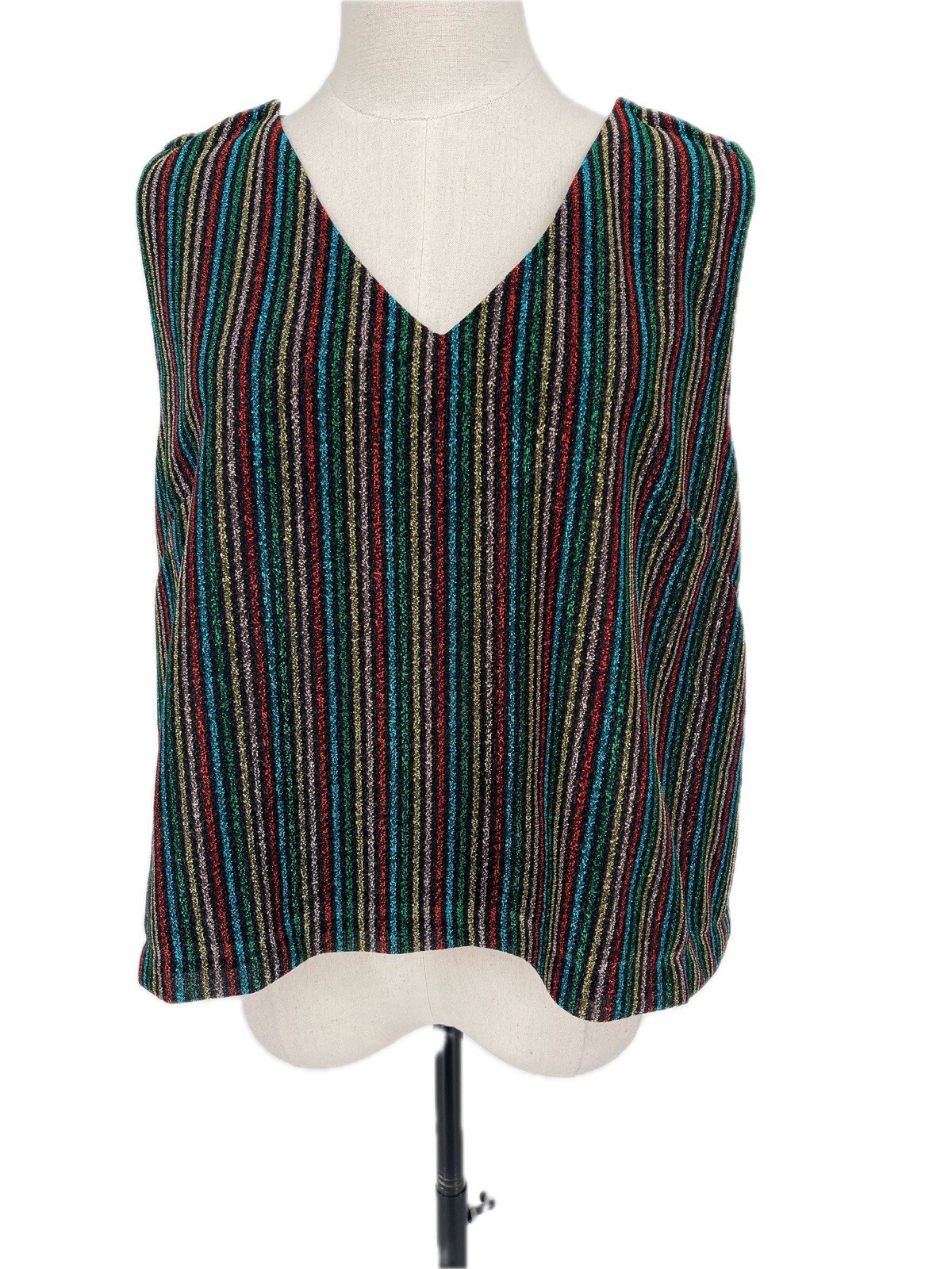NWT Buru Sleeveless Metallic Shimmer Stripe Faux Button Back Boxy Crop Top XL