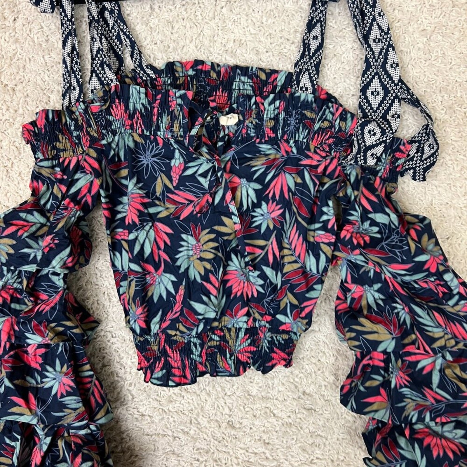Tea & Cup Blouse Womens Medium Colorful Beach Boho Festival Resort Tropical