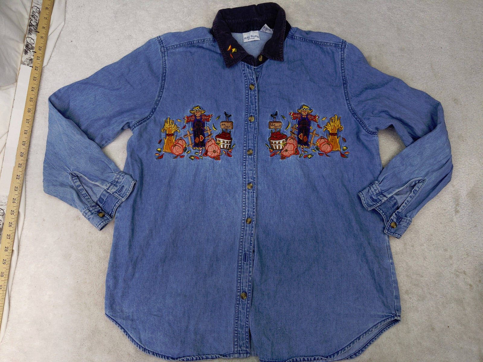 Bobbie Brooks Womens Plus 14W 16W Blue Denim Shirt Embroider Fall Harvest Leaves