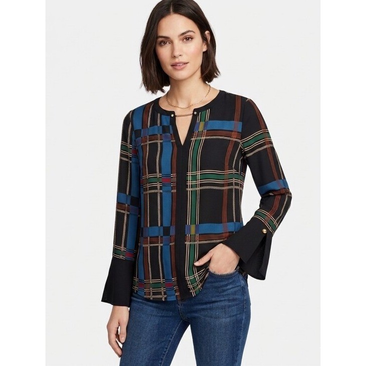 The Limited Black Plaid Split-Neck Blouse Size S