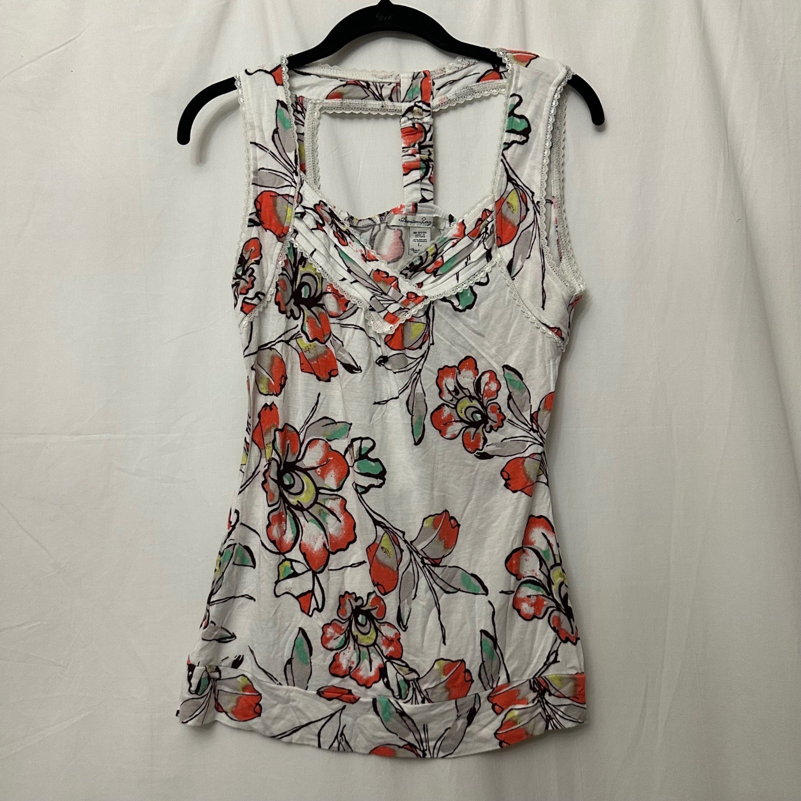 American Rag Cie Floral Lace Trim T-Back Tank Top White Orange Large RN 134190