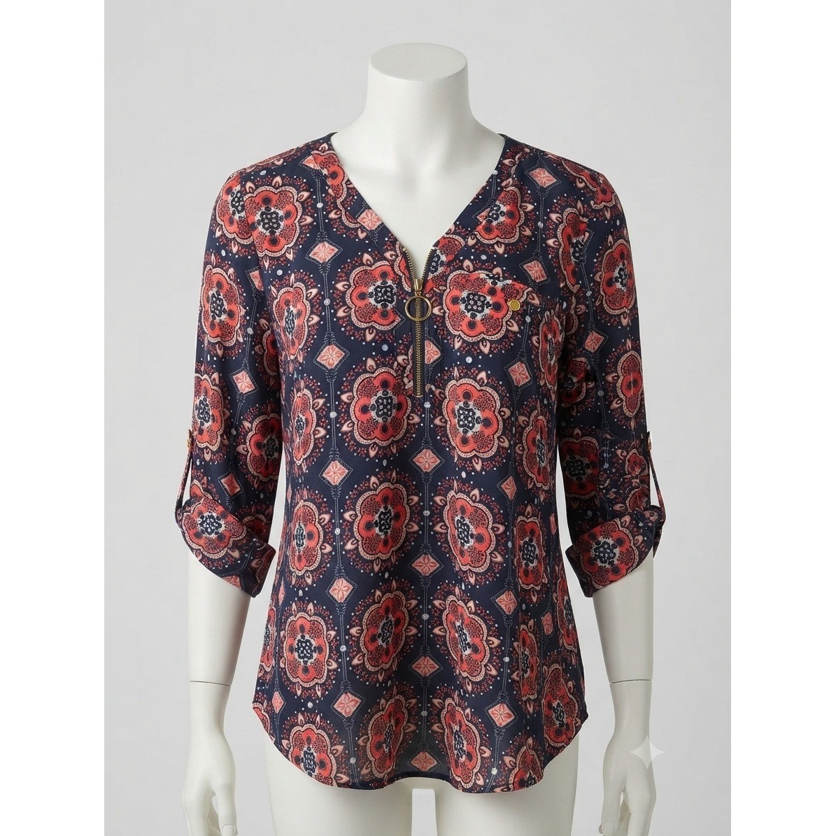 Whimsical Park Navy Coral Medallion Print Roll Tab Sleeve Zip Blouse Medium