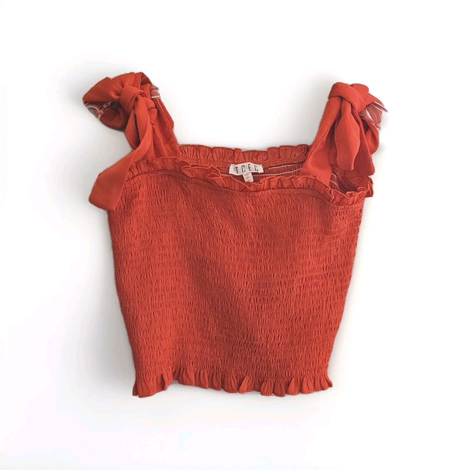 TCEC Size Large L Tube Crop Top Bow Tie Elastic Orange Shirred