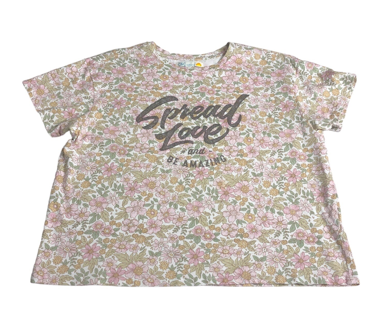 C&C California Top Womens M Floral Spread Love Graphic Preppy Boho Cottagecore
