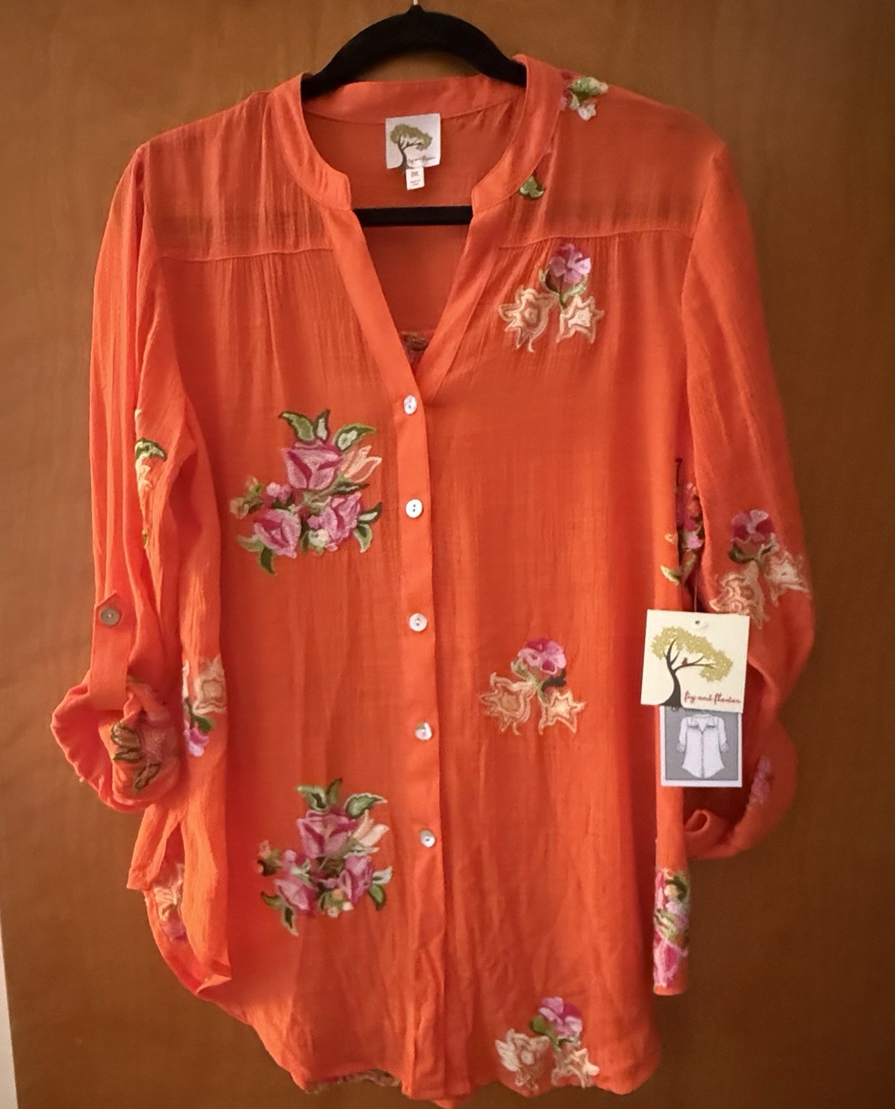NWT Anthropologie Fig Flower Size M Embroidery Blouse Boho TOP Tunic Orange