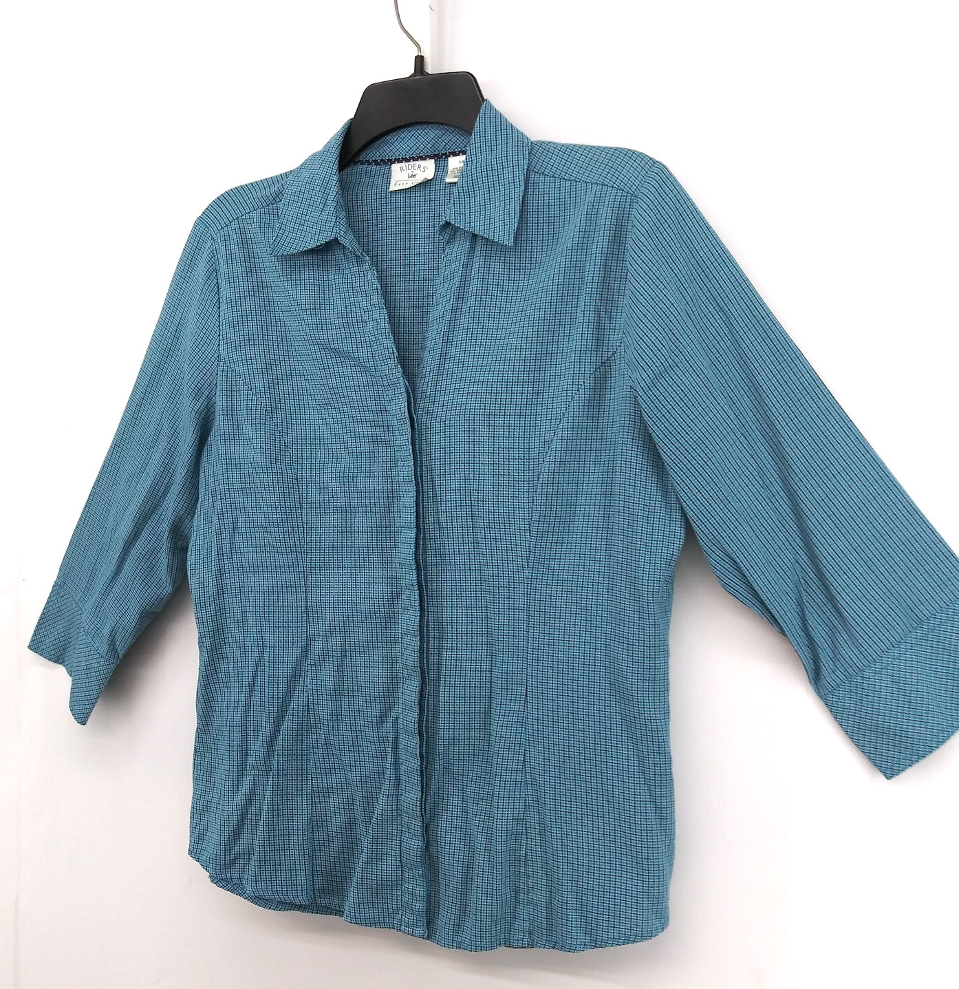Riders by Lee Shirt Women Size M Teal Check Collared 3/4 Sleeve Button Up Top