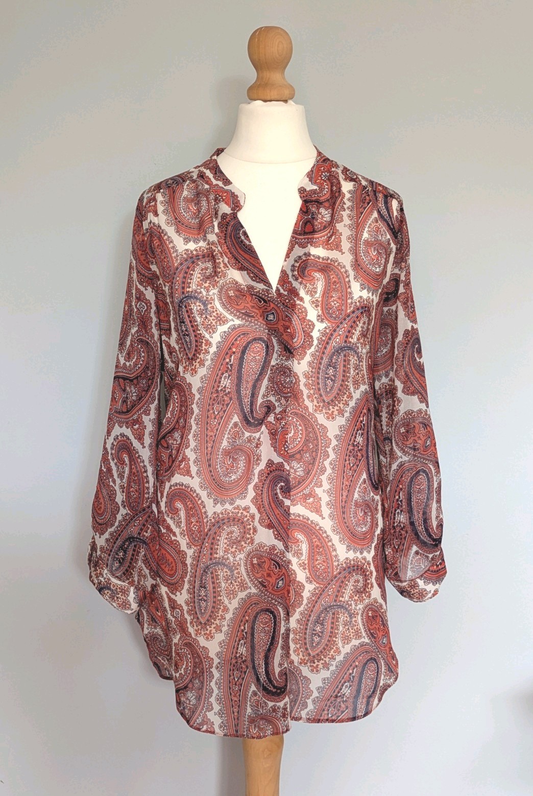 Wallis Paisley Print Women’s Sheer Blouse Summer 3/4 Roll Up Sleeve Size S