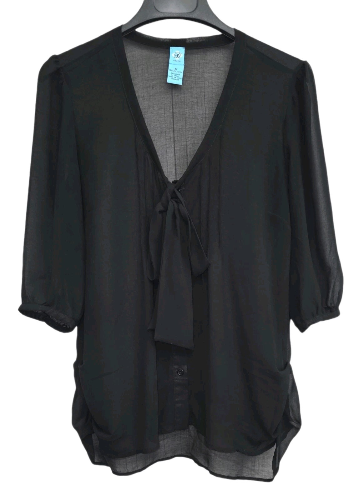 D Collection Black Button Up Pleate Front Tie Ruched Sheer Blouse Women’s Size M