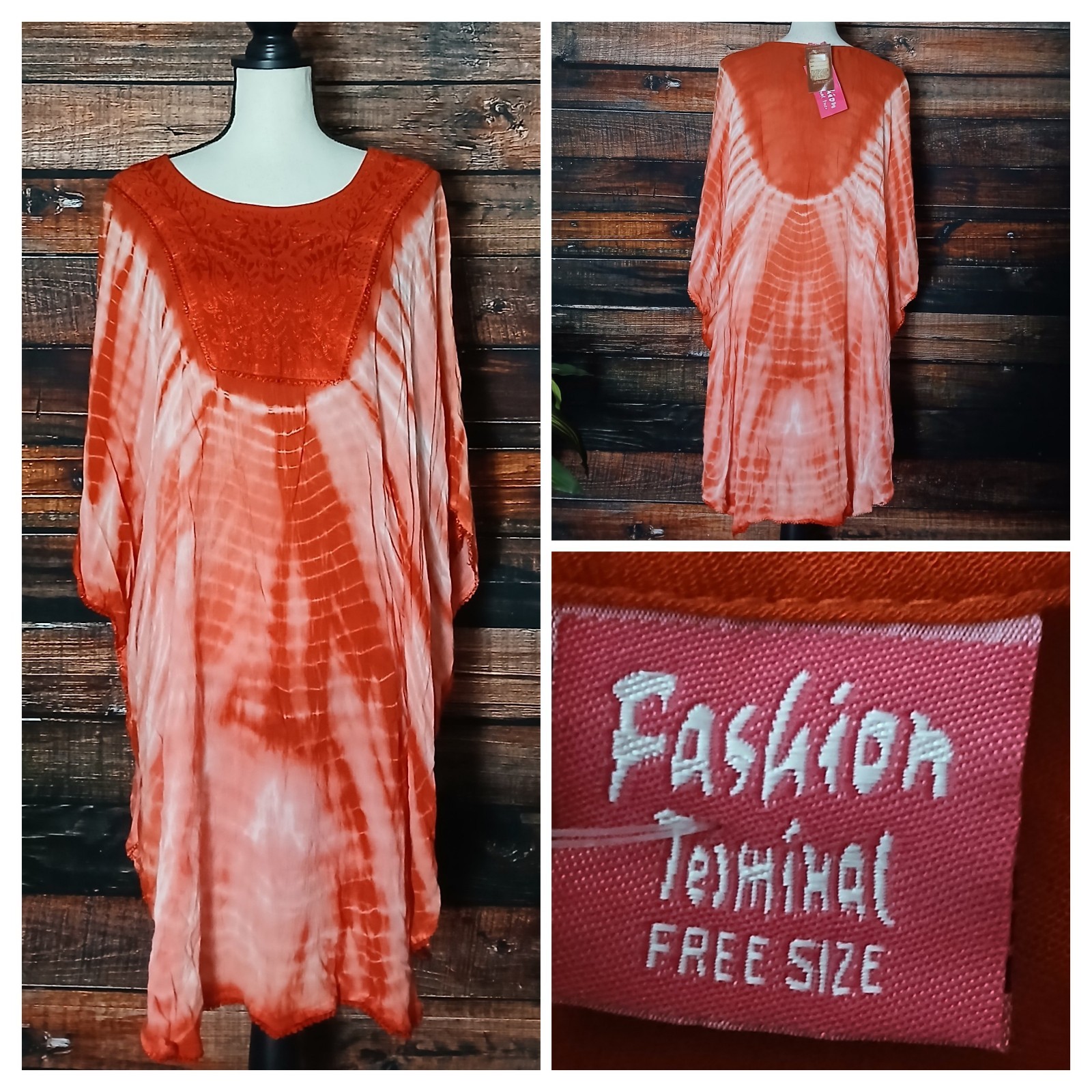 Fashion Terminal Caftan Tunic Top Boho Embroidered Tie Dye Kaftan Free Size NWT