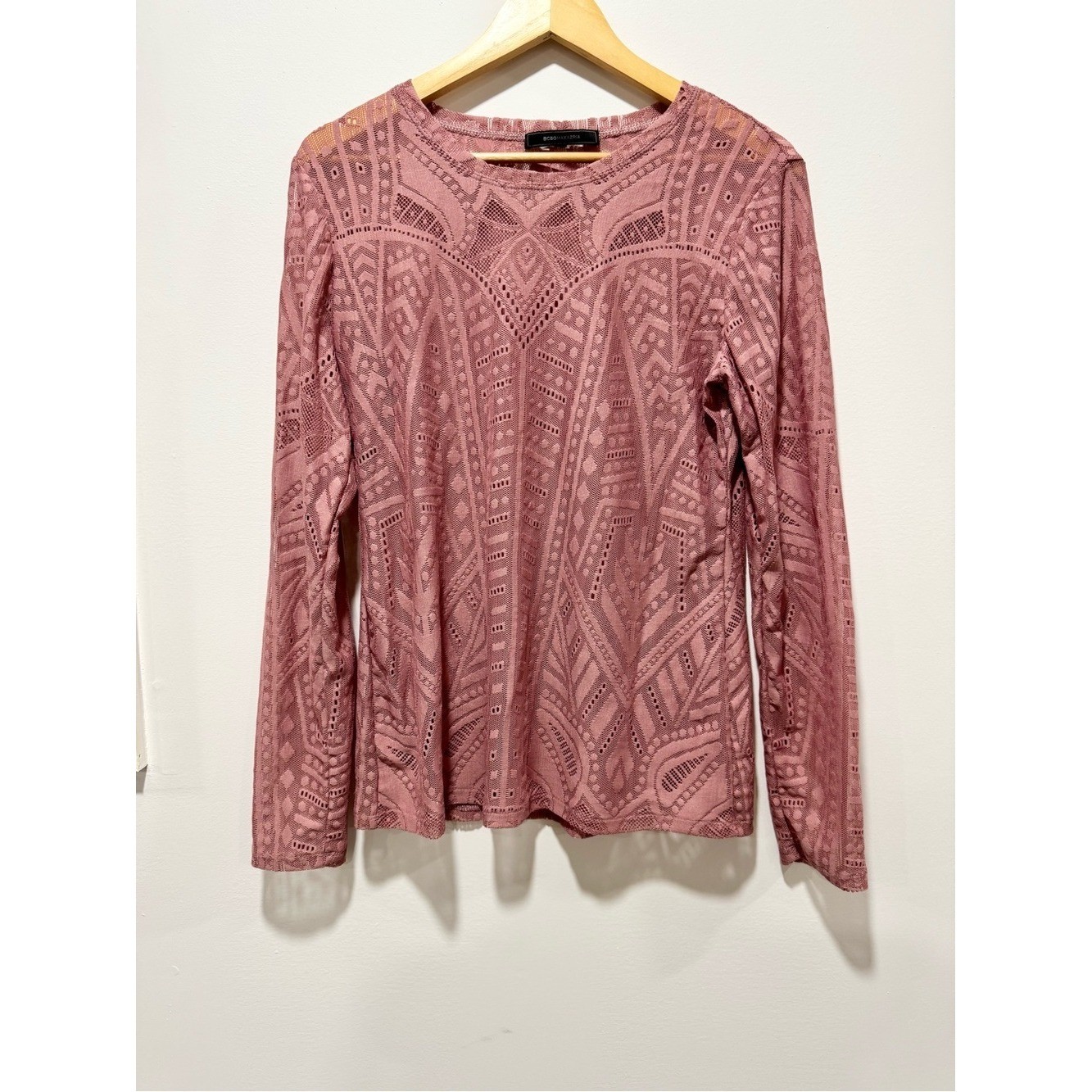 BCBGMAXAZRIA Agda Geometric Lace Top Dusty Petal Rose Pink Long Sleeve Size M
