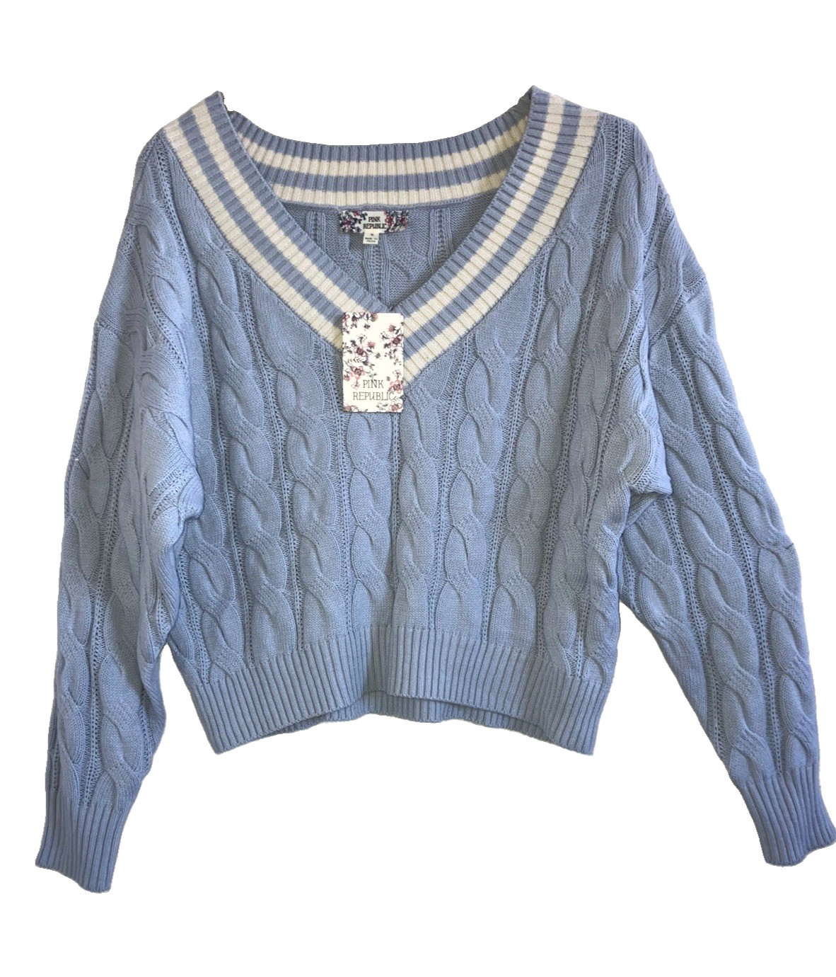 PINK REPUBLIC sz M Light Blue White Cropped Sweater Knit Top Cotton Blend V Neck