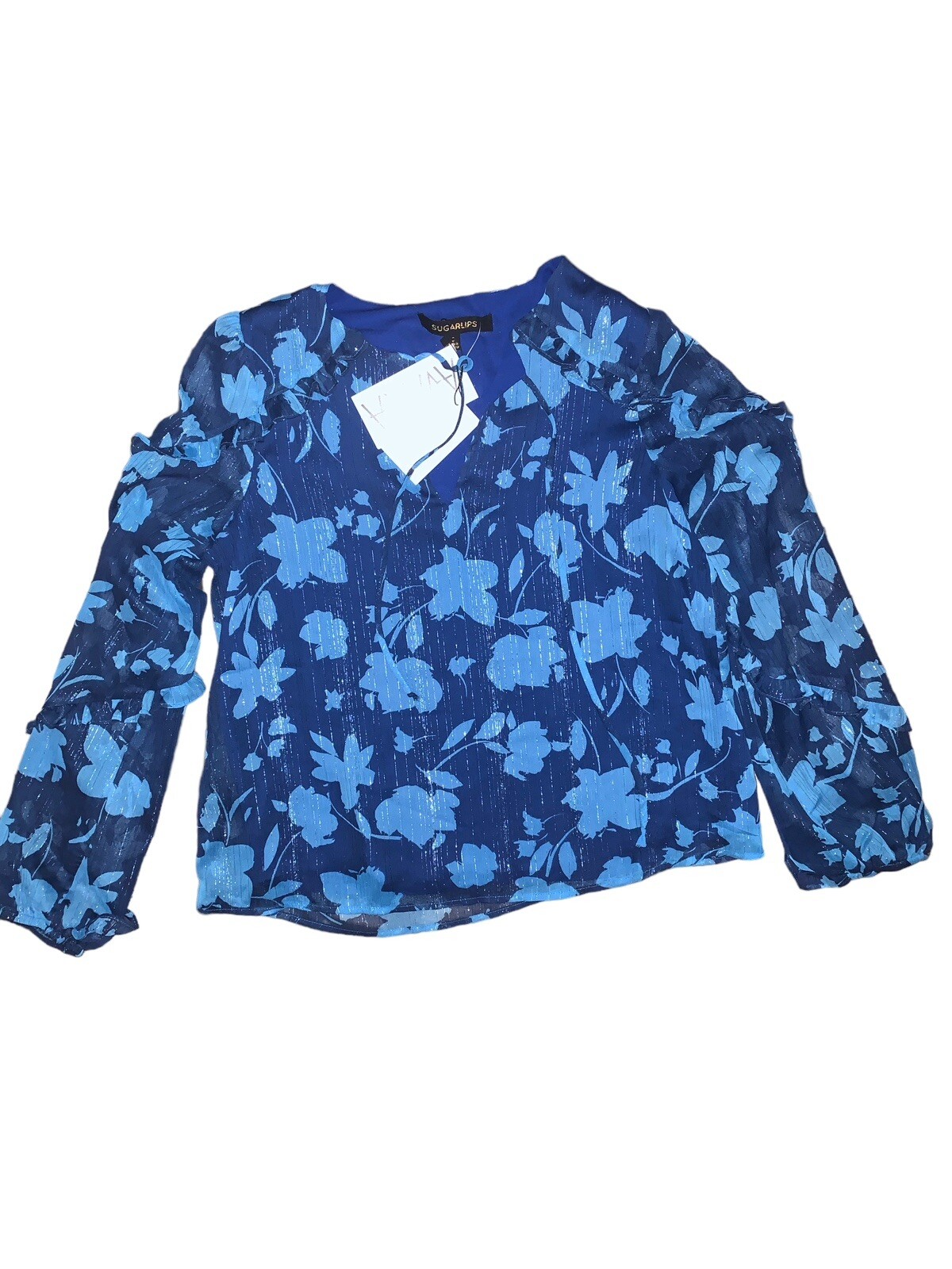 Sugar Lips Womens Blouse Size S Blue Boutique Floral Metalic Flowy Preppy NWT