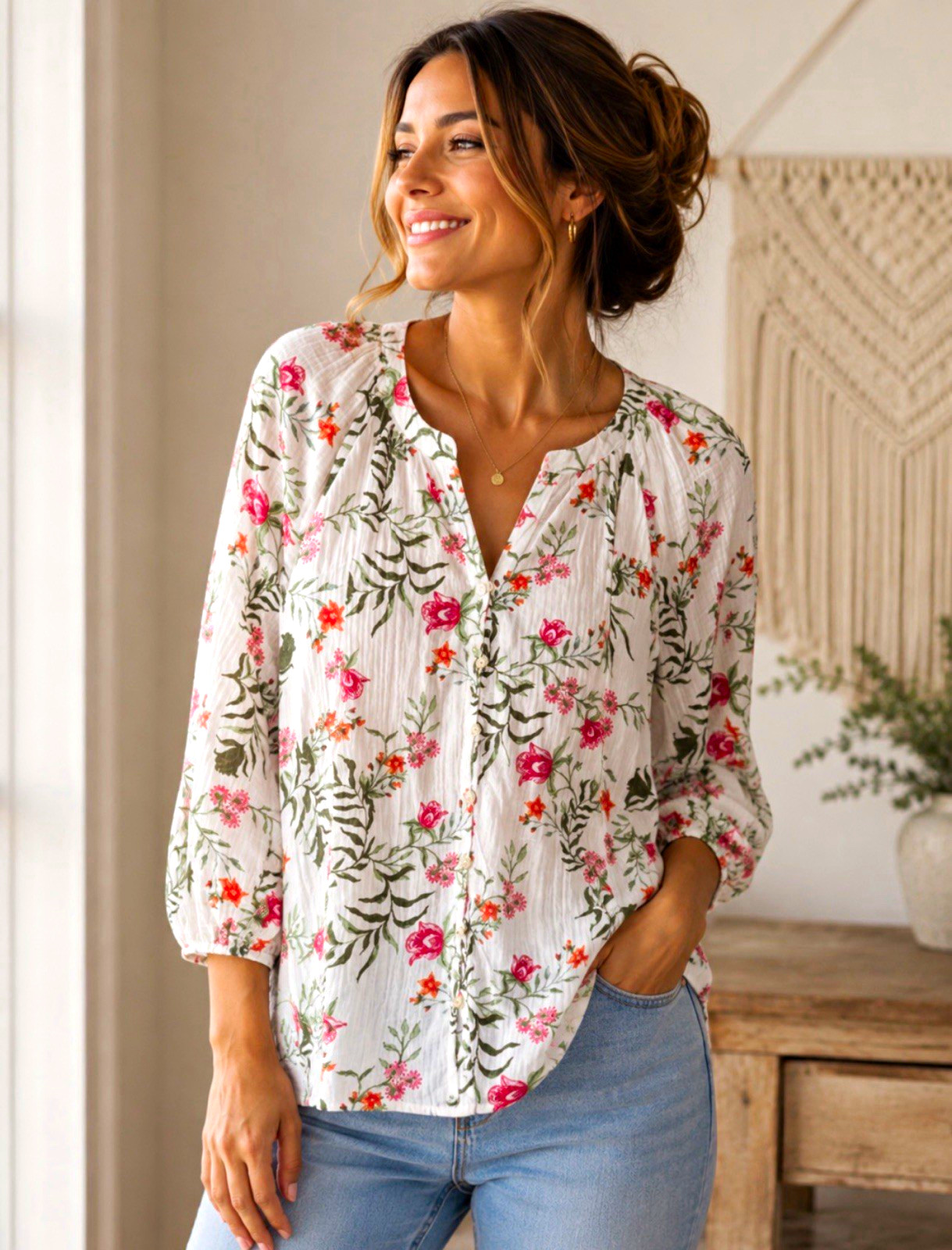 Style&Co. Women’s White Floral V-Neck Button Front 3/4 Sleeve Woven Blouse XL