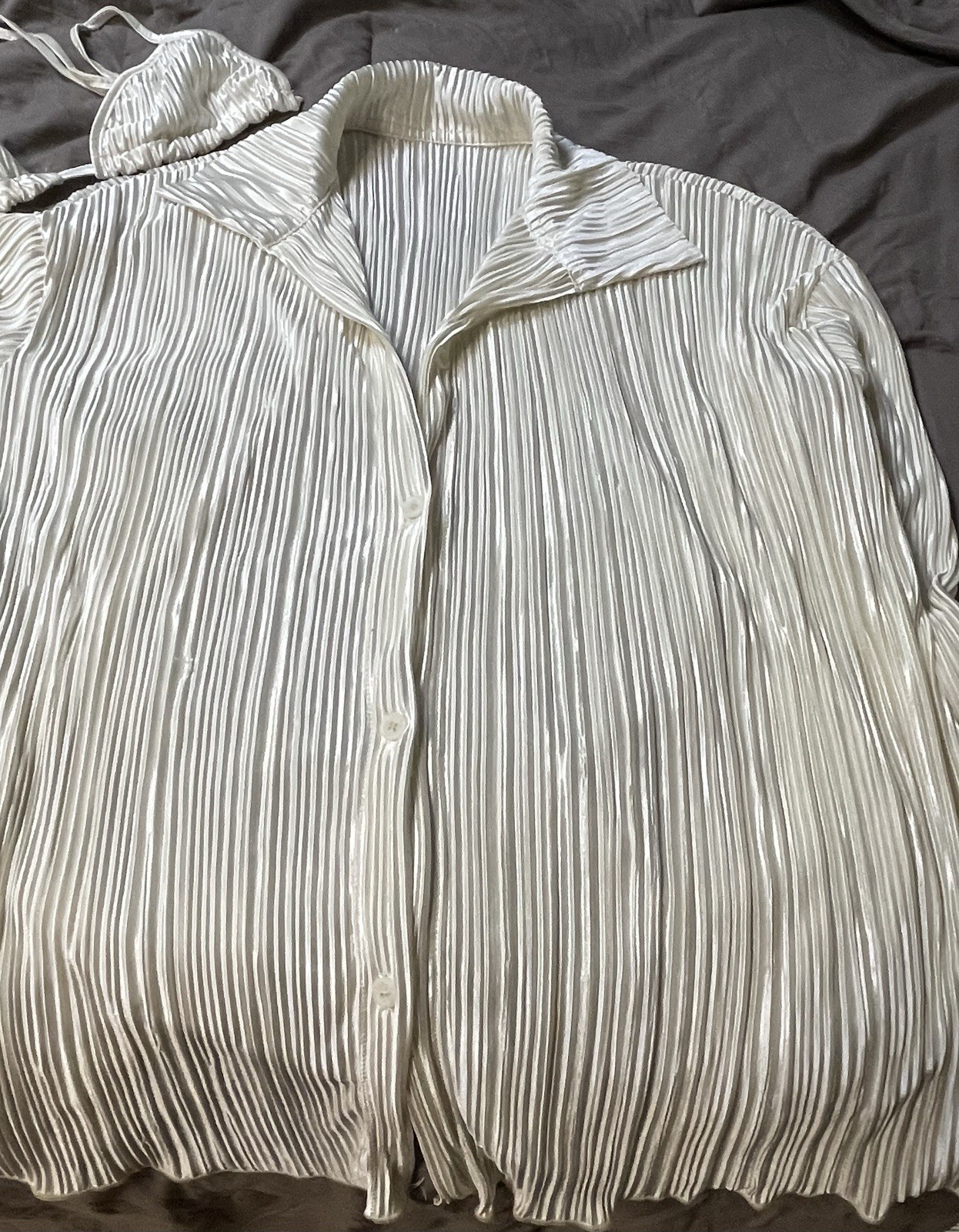 SHEIN Pleated 3 Piece Set Button Down With Matching Pants And Bra/ Bathing Suit