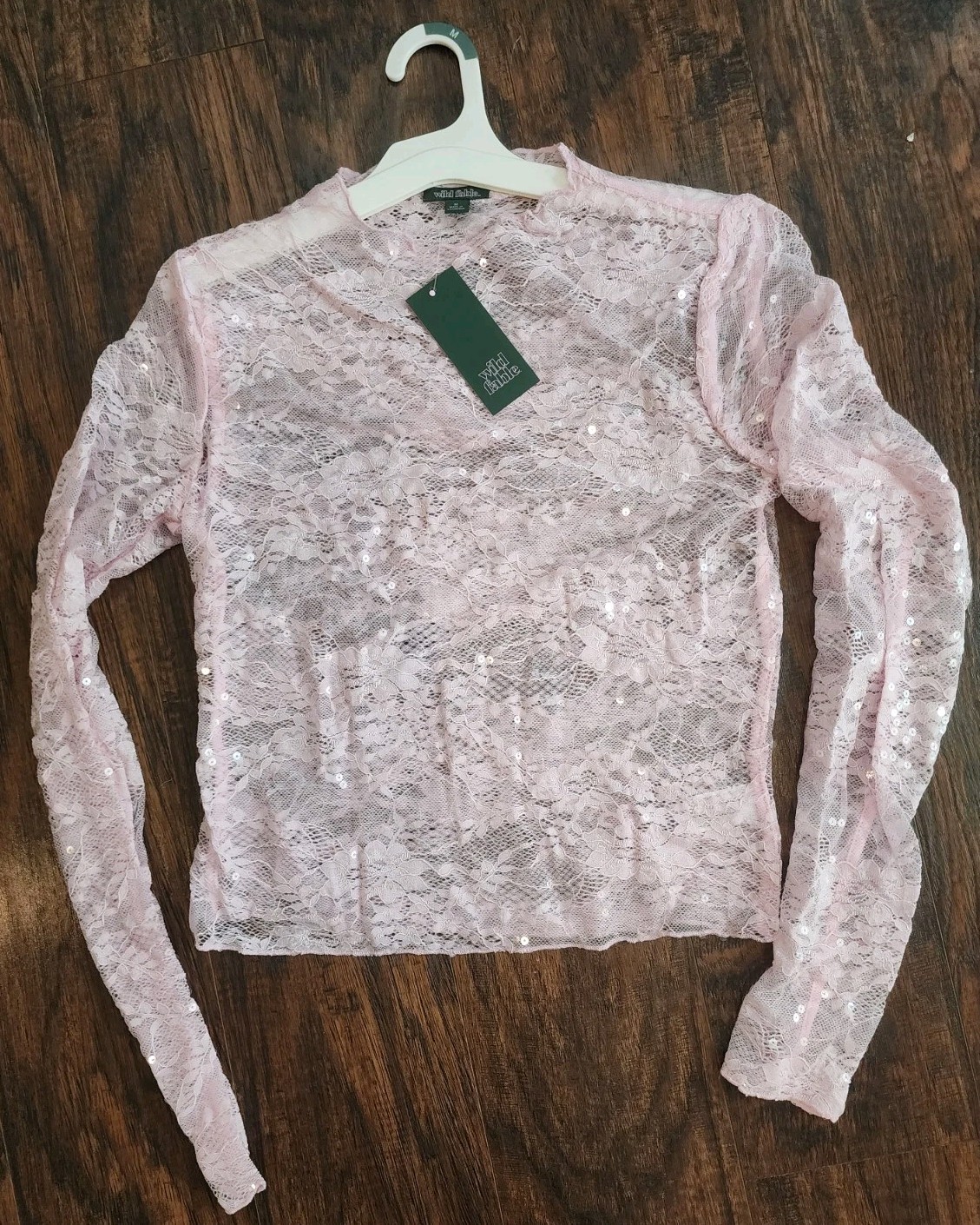 WILD FABLE Womens Long Sleeve Lace Sequin Top Blouse Sheer Light Pink, Medium