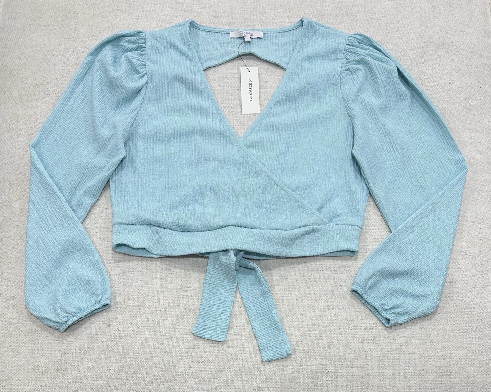 Francesca’s Open Back Cutout Puff Long Sleeves Top Size Large NWT