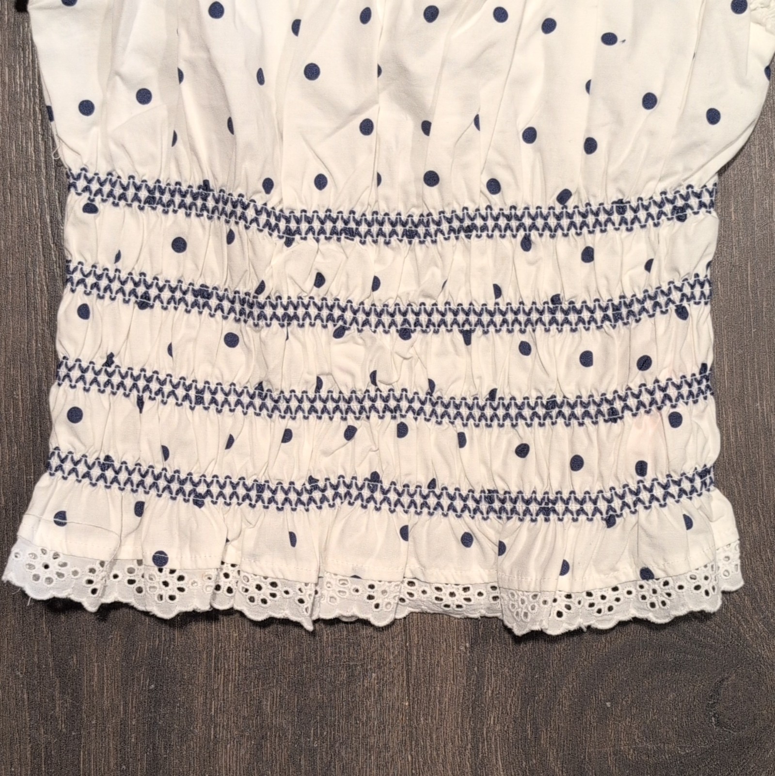 Millie Bobby Brown Women’s S White/Blue Polka Dot Square Neck Puff Sleeve Blouse