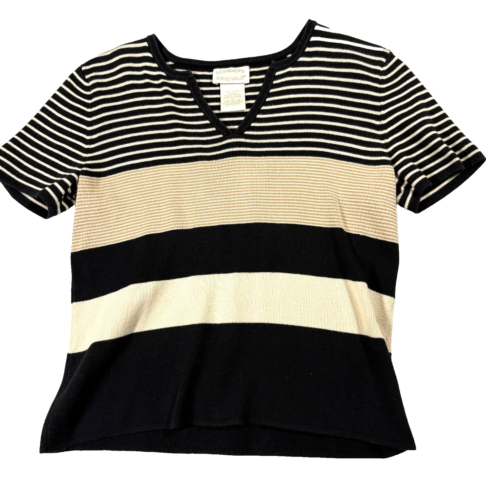 Designers Originals Striped Knit Top Womens Medium Black Beige Cotton V Neck