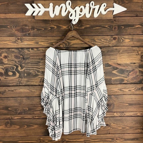 Fever | Off Shoulder Plaid Blouse Ruffle Bell Sleeve Ruffle Trim