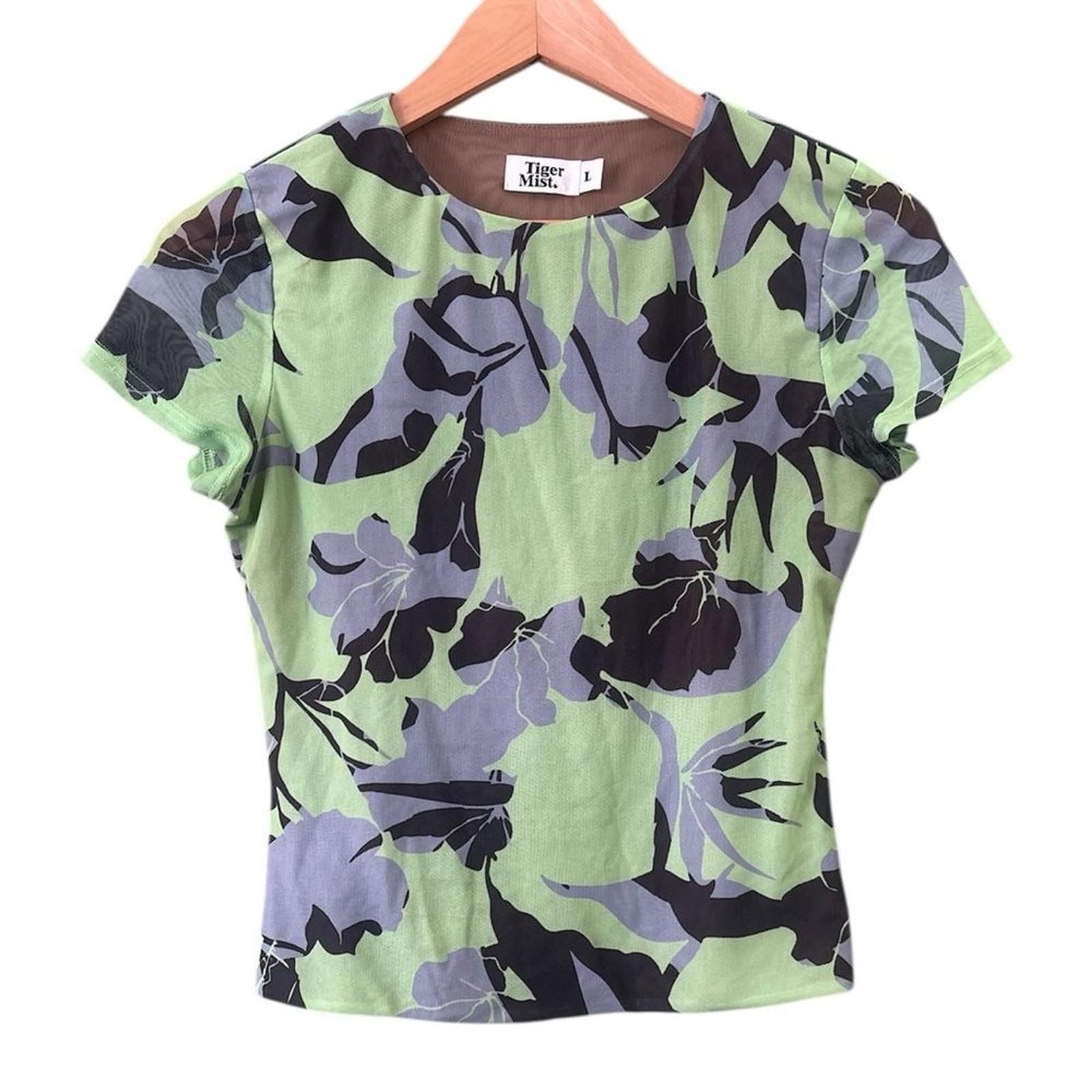 Tiger Mist Australia Green Floral Tropical Print Mock Neck Mesh Cap Sleeve Top L