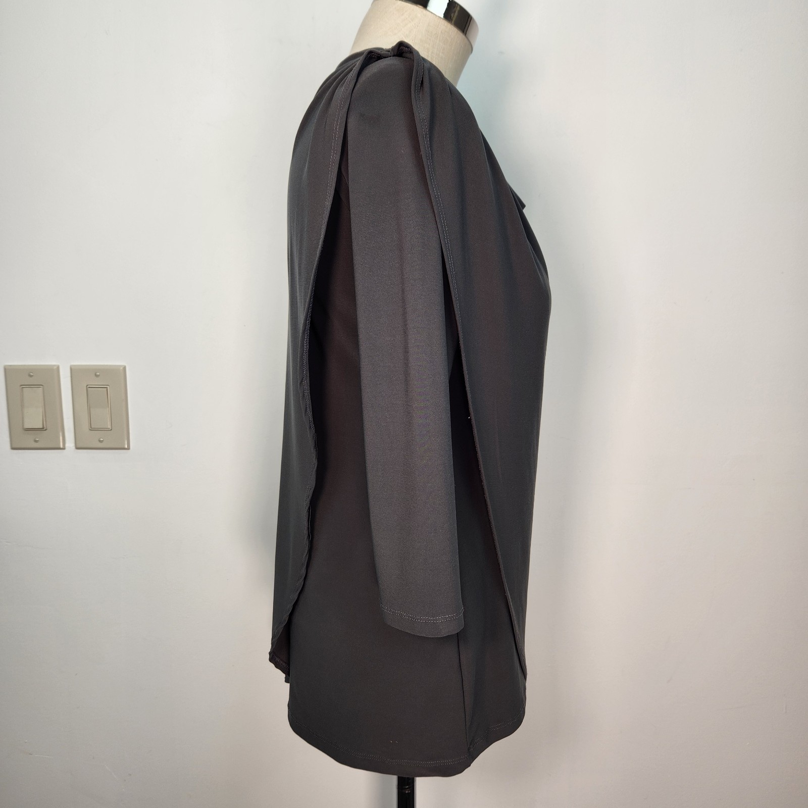 Clara Sun Woo Drape Front Tunic Blouse M Gray Slinky 3/4 Sleeve USA Made