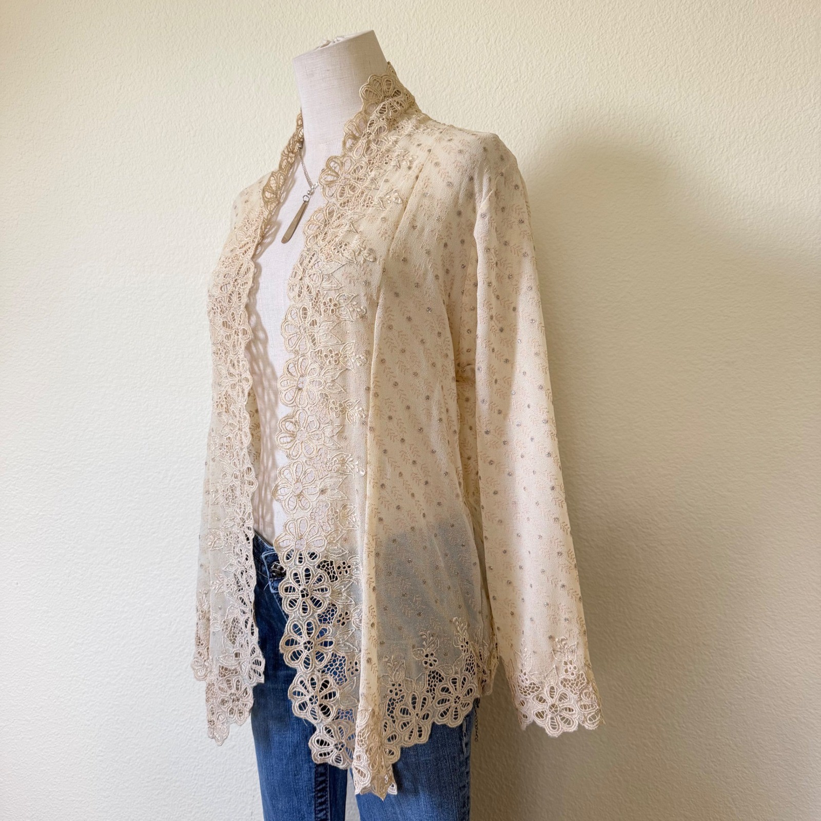 Vintage Ivory Lace Trim Open Front Cardigan Sheer Metallic Polka Dot Shrug Top