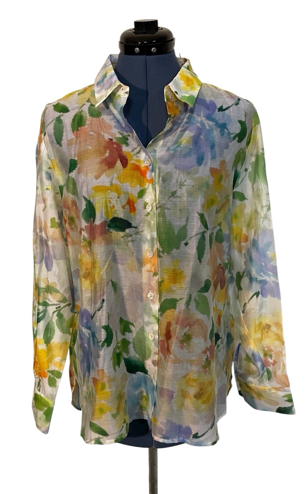 NWT Bailey 44 Floral Watercolor Button Up Semi Sheer Blouse Ethereal Feminine L