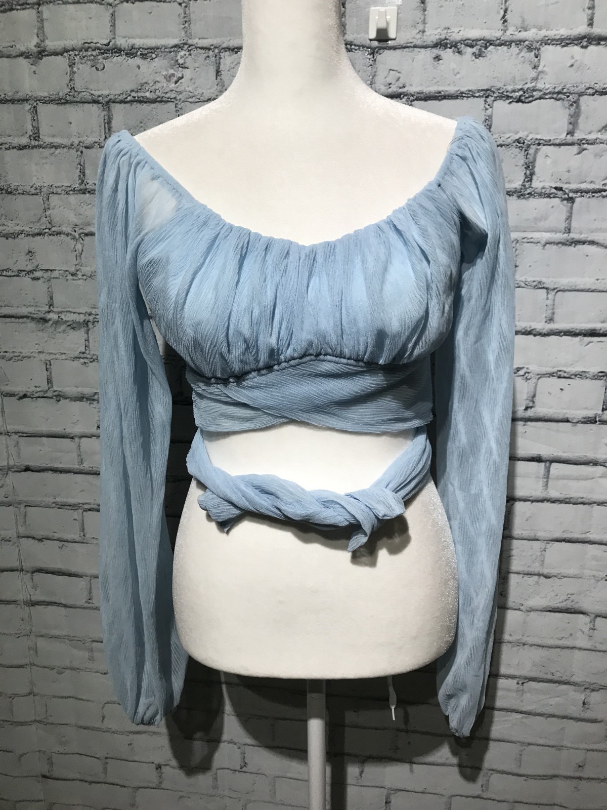 NEW, Windsor, Women S, Blue Sheer Chiffon Long Sleeve Tie Waist Crop Top/Blouse