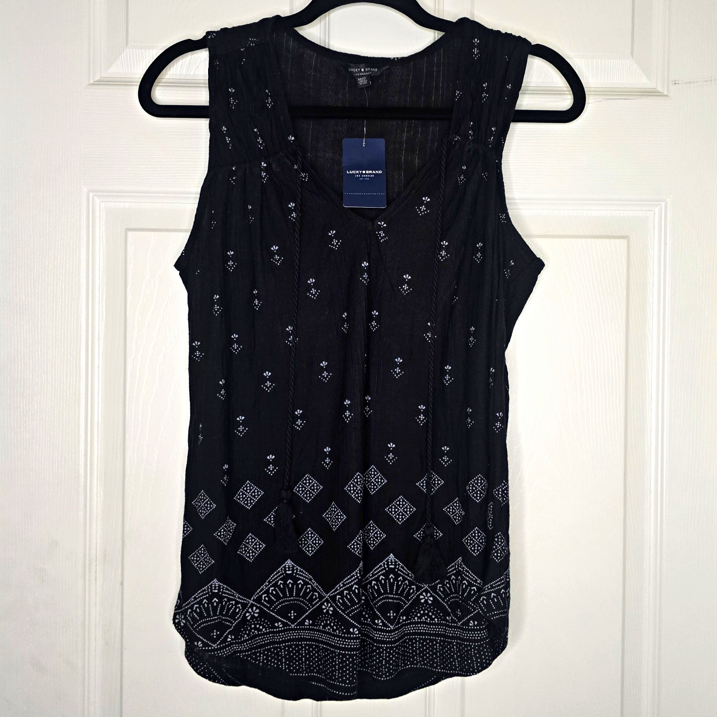 Lucky Brand Black Boho Print Sleeveless Tassel Blouse Women’s Medium NWT