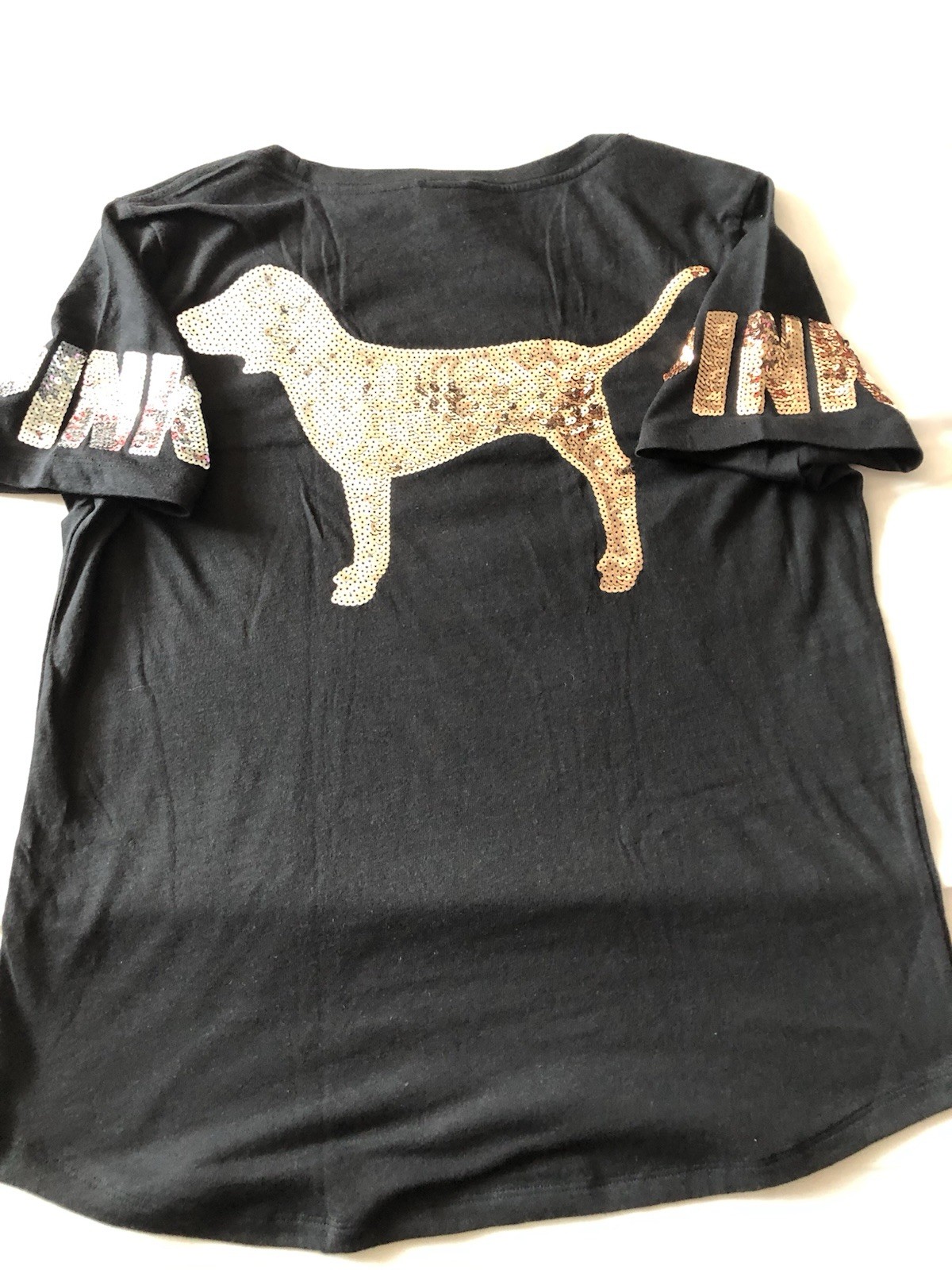 ⑧ Victoria’s Secret PINK TEE Large Black/Silver&Gold Bling Sequin Logo Nwt Rare