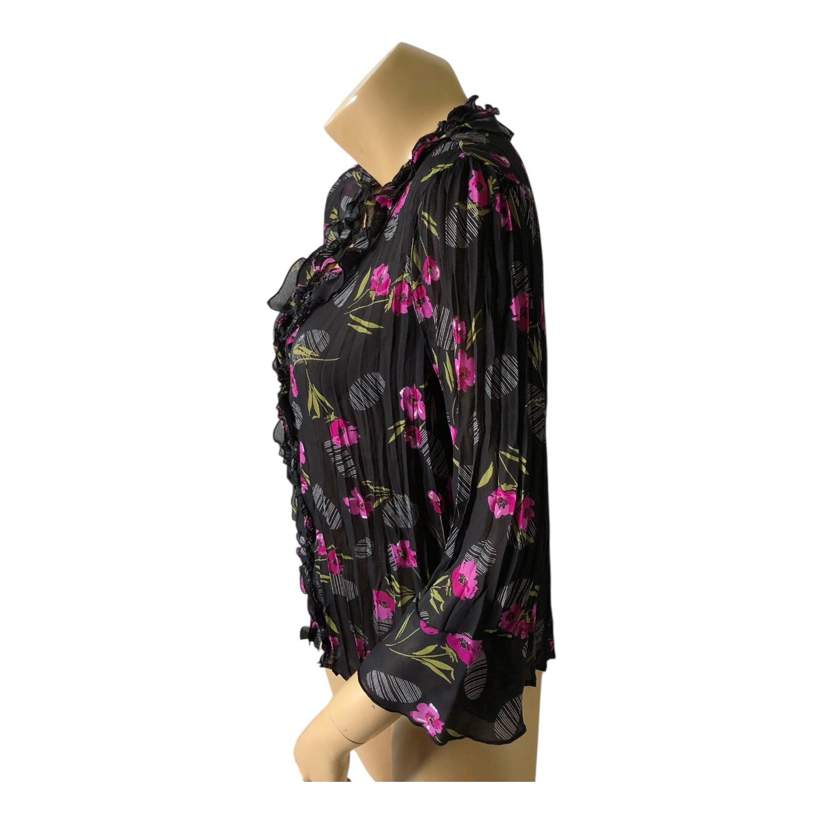 Worthington Button Front Blouse Womens PXL Sheer Floral Crinkle 3/4 Sleeve Top