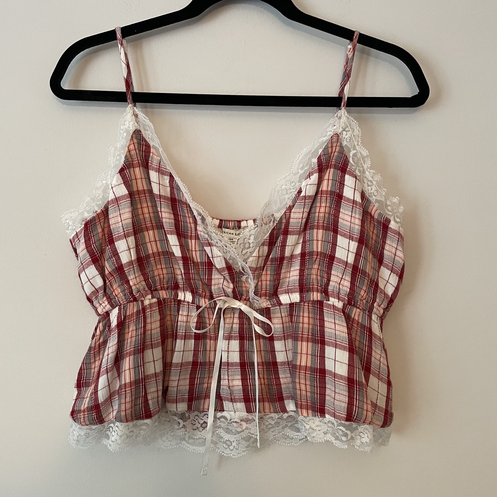 Y2K Babydoll Lace Trim Cami Tank Red Plaid Size L Western Festival Boho Cowgirl