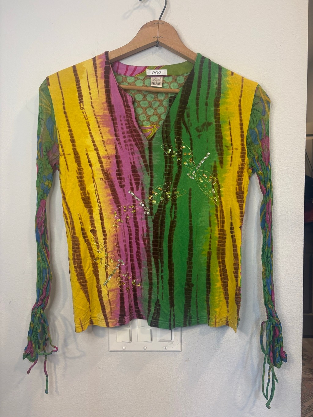 Cache Y2K Mesh Art Top Dragonfly Rhinestone Tie Sleeve Whimsigoth Large