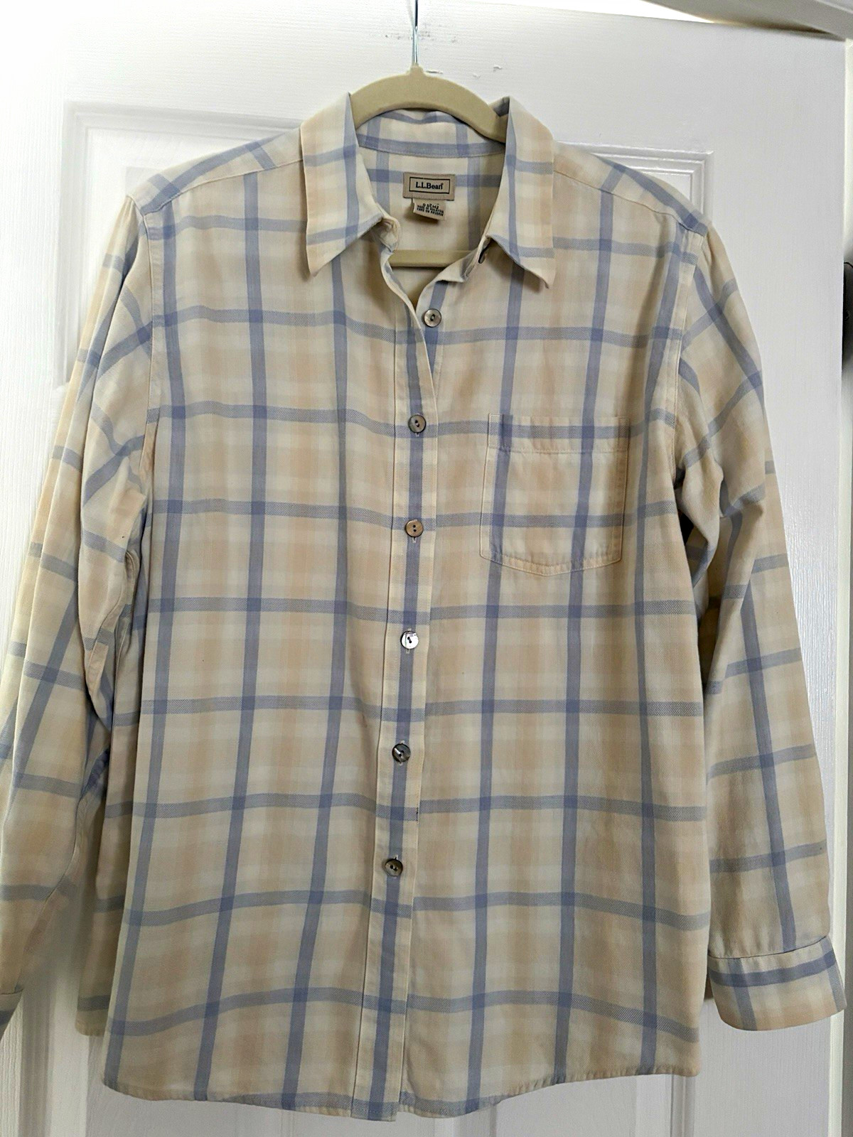 L.L.Bean Ladies Plaid Button Long Sleeve Shirt OCM2 Blue Beige 100% Cotton #0307