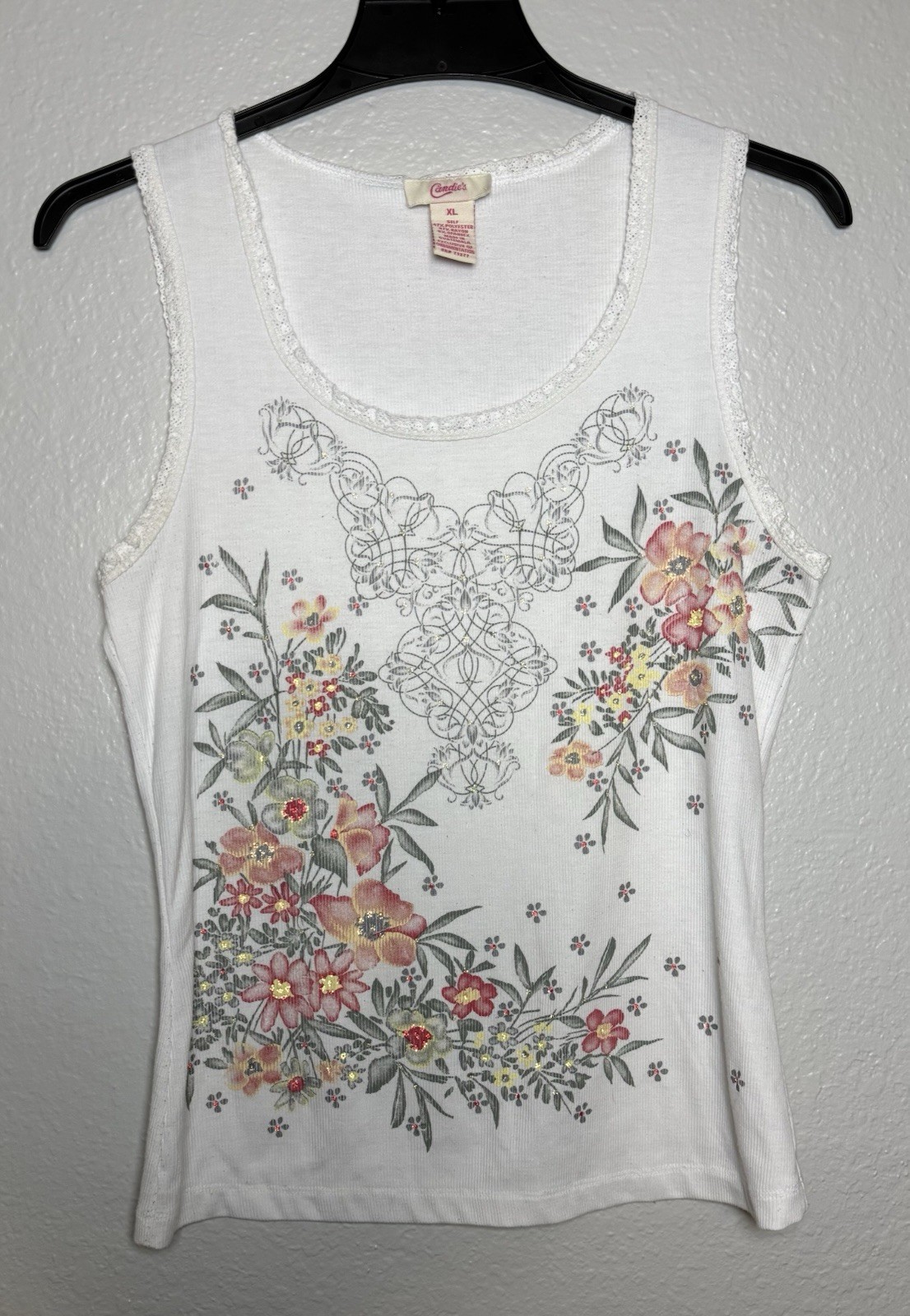 Candie’s Floral Lace Trim Sleeveless Tank Top White Pink Yellow Green XL Y2K