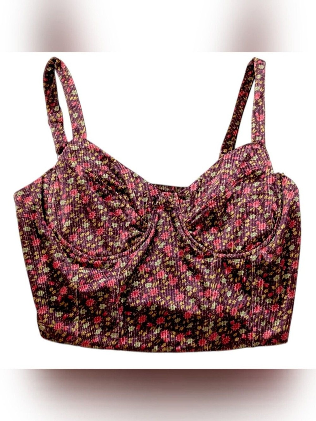 Tillys Full Tilt Velvet Bustier Crop Top XL Burgundy Red Ribbed Corduroy Floral