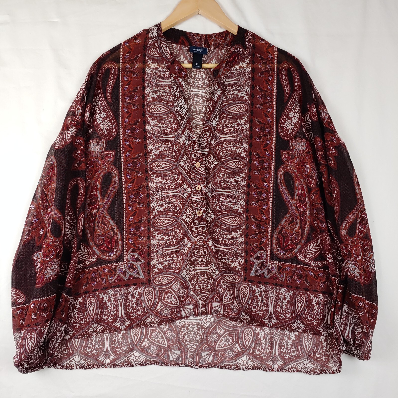 Daytrip Top Women M Red Paisley Long Sleeve 1/2 Button Shear Tunic Pullover Boho